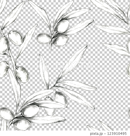 Hand-drawn olives and branches in pencil form a seamless pattern. Clipart ideal for fabric design, wallpaper, or stationery, adding a classic and botanical aesthetic to any project 123910495