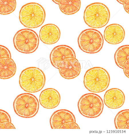 Orange slices with juicy tones of orange and yellow arranged in a seamless watercolor pattern. Citrus clipart for use in summer textiles, vibrant gift wrap, kitchen decor, and food packaging designs 123910534
