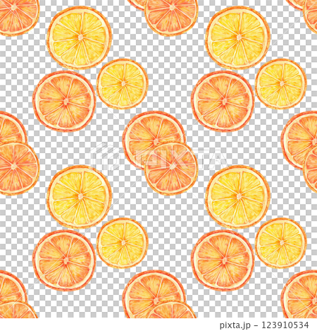 Orange slices with juicy tones of orange and yellow arranged in a seamless watercolor pattern. Citrus clipart for use in summer textiles, vibrant gift wrap, kitchen decor, and food packaging designs 123910534