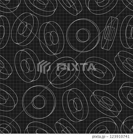 Mechanical engineering drawings on black background. Cutter, assembly tool with replaceable multi-faceted plate. Technical Design. Cover. Blueprint. Vector illustration. Seamless pattern. 123910741