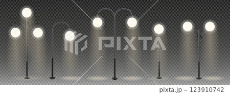 3d vector Modern and vintage city street lights row working at night. Urban electrical lightning system. Glowing retro lampposts 123910742