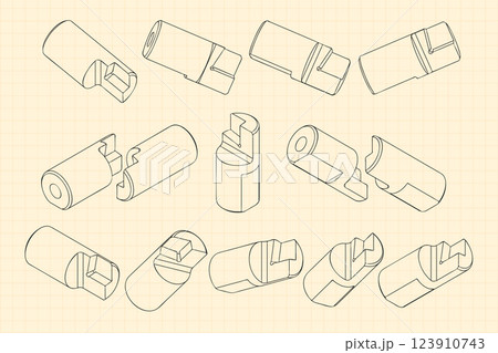 Mechanical engineering drawings on sepia background. Cutter, assembly tool with replaceable multi-faceted plate. Technical Design. Cover. Blueprint. Vector illustration. 123910743