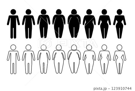 A man or woman diets and exercises from fat to fitness series frontal view. Figure and size person, body index mass. Vector A man or woman diets and exercises from fat to fitness series frontal view. Figure and size person, body index mass. Vector 123910744