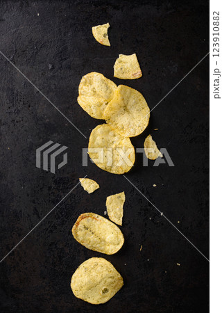 Crispy salty homemade potato chips Crispy salty homemade potato chips 123910882