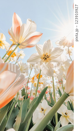 Tulip and daffodil flowers in sunny field with blue sky background, spring season Tulip and daffodil flowers in sunny field with blue sky background, spring season 123910927