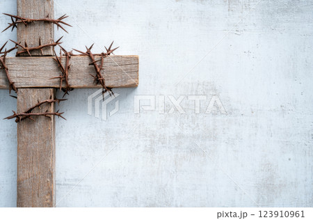 Wooden cross with barbed wire symbolizing Easter on light background Wooden cross with barbed wire symbolizing Easter on light background 123910961