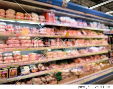 Blur abstract background. Colorful supermarket shelves blurred. Supermarket with bokeh. 123911006