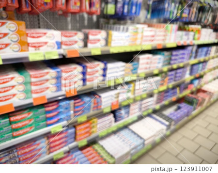 Blur abstract background. Colorful supermarket shelves blurred. Supermarket with bokeh. 123911007