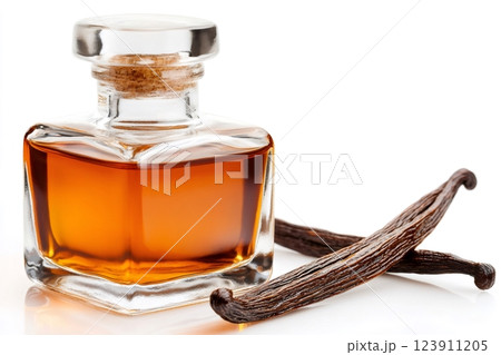 Vanilla extract in a glass bottle with two vanilla pods 123911205