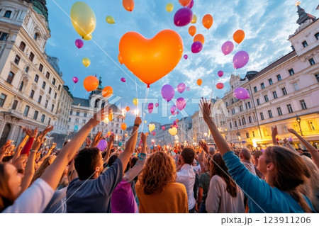Crowd releasing colorful balloons with a large orange heart shaped balloon in Ljubljana 123911206