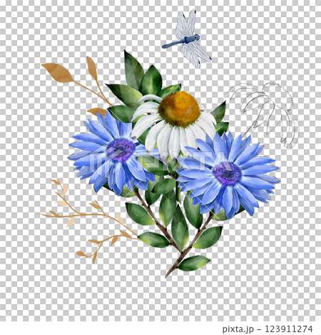 Bouquet of chamomile, rudbeckia flowers with green leaves, decorated with golden branches and a blue dragonfly. Watercolor botanical illustration, isolated on white background. For cards, invitations Bouquet of chamomile, rudbeckia flowers with green leaves, decorated with golden branches and a blue dragonfly. Watercolor botanical illustration, isolated on white background. For cards, invitations 123911274