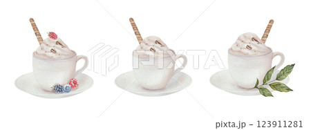 Set of coffee cups with berries and cream and waffle roll. Watercolor illustration of a classic white coffee cup, isolated on a white background. For print, menu design, cafe 123911281