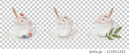 Set of coffee cups with berries and cream and waffle roll. Watercolor illustration of a classic white coffee cup, isolated on a white background. For print, menu design, cafe 123911281
