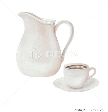 White ceramic jug for milk or water with a cup of hot coffee. Set of watercolor illustrations. Hand drawing. Isolated on a white background. For kitchen decor, design, menu 123911282