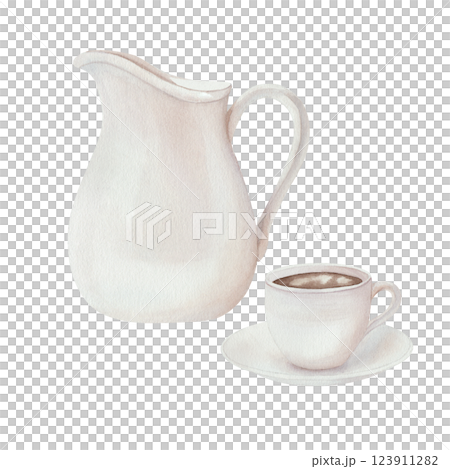 White ceramic jug for milk or water with a cup of hot coffee. Set of watercolor illustrations. Hand drawing. Isolated on a white background. For kitchen decor, design, menu 123911282