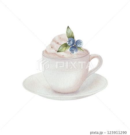 Cup of white coffee, hot chocolate and cream with coffee beans, with saucer and blueberries with green leaves. Watercolor illustration, isolated on a white background. For menu design, cards, cooking Cup of white coffee, hot chocolate and cream with coffee beans, with saucer and blueberries with green leaves. Watercolor illustration, isolated on a white background. For menu design, cards, cooking 123911290