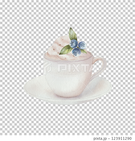 Cup of white coffee, hot chocolate and cream with coffee beans, with saucer and blueberries with green leaves. Watercolor illustration, isolated on a white background. For menu design, cards, cooking Cup of white coffee, hot chocolate and cream with coffee beans, with saucer and blueberries with green leaves. Watercolor illustration, isolated on a white background. For menu design, cards, cooking 123911290