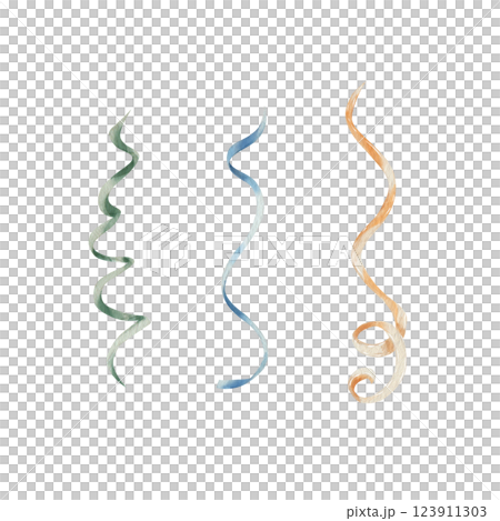 Set of watercolor serpentine ribbons. Orange, blue and green garland. Isolated on a white background. Holiday design elements for banners, cards, invitations. Set of watercolor serpentine ribbons. Orange, blue and green garland. Isolated on a white background. Holiday design elements for banners, cards, invitations. 123911303