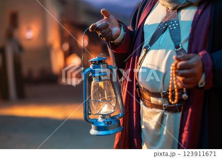 A traditional Saudi Arabian lantern glows in the night 123911671