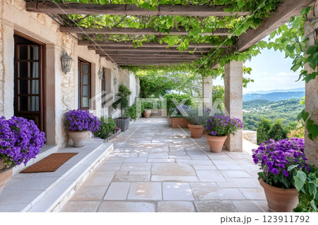 Stone paved terrace with wooden pergola and purple flowers overlooking a valley 123911792
