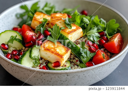 Healthy quinoa salad with grilled halloumi, cucumber, tomato, pomegranate and parsley 123911844