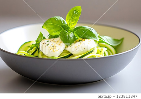 Zucchini noodles with mozzarella and basil leaves resting in a bowl 123911847