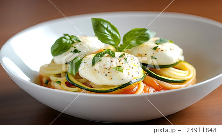Zucchini pasta with burrata, tomato sauce and basil resting in white bowl 123911848