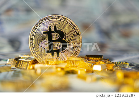 bitcoin cryptocurrency with gold bars and cash, symbolizing digital wealth, financial success, and investment opportunities bitcoin cryptocurrency with gold bars and cash, symbolizing digital wealth, financial success, and investment opportunities 123912297