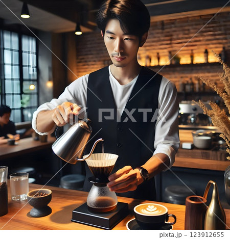 ドリップコーヒーを作る、喫茶店のマスター 123912655