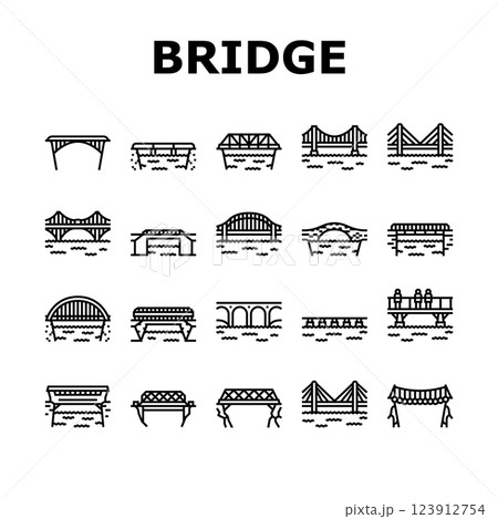 bridge city building road river icons set vector 123912754