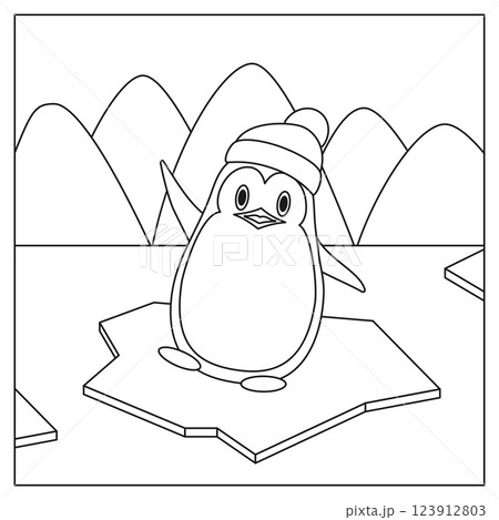 A black and white drawing of a penguin with a santa hat 123912803