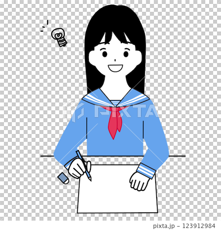 圖：一個穿著水手服的女孩因為解決了問題而感到高興 123912984