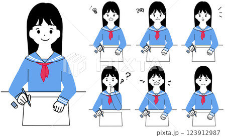 勉強する女子学生の表情イラストセット 123912987