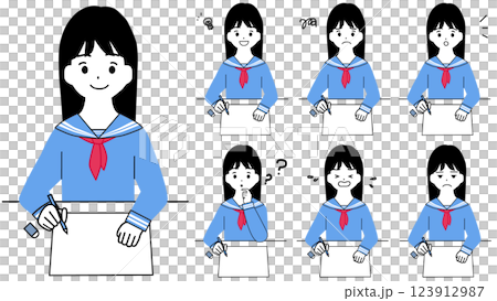 勉強する女子学生の表情イラストセット 123912987