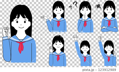 Vector illustration set of students, junior and senior high school students, guidance, upper body, smartphone, pointing, operation, smiling female student 123912989