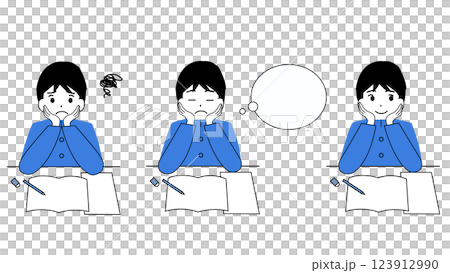 A set of facial expressions of a male student resting his chin on his hands while studying 123912990