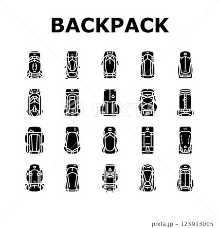 hiking backpack gear trail icons set vector hiking backpack gear trail icons set vector 123913005