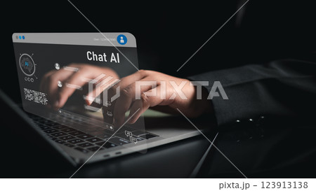 Chat Bot Chat with AI or Artificial Intelligence technology, Human using a laptop computer chatting with an intelligent artificial intelligence asks for the answers he wants, ChatGPT. Chat Bot Chat with AI or Artificial Intelligence technology, Human using a laptop computer chatting with an intelligent artificial intelligence asks for the answers he wants, ChatGPT. 123913138