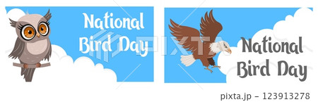 National Bird Day. Celebrating national bird day with bird illustrations. Owl and eagle against the background of sky and clouds. Vector template National Bird Day. Celebrating national bird day with bird illustrations. Owl and eagle against the background of sky and clouds. Vector template 123913278