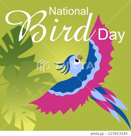 National Bird Day. Celebrating national bird day with  bird illustrations. Parrot and monstera leaves against the night sky. Vector template 123913285