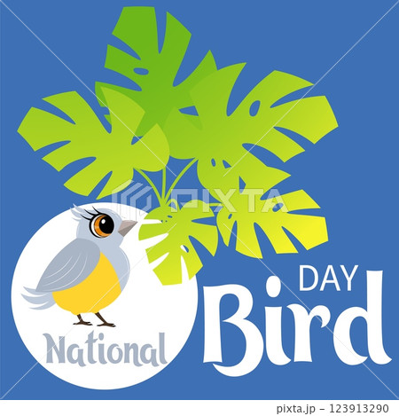 National Bird Day. Celebrating national bird day with  bird illustrations. Tit and monstera leaves. Vector template 123913290