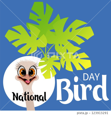 National Bird Day. Celebrating national bird day with  bird illustrations. Laughing ostrich head and monstera leaves. Vector template 123913291