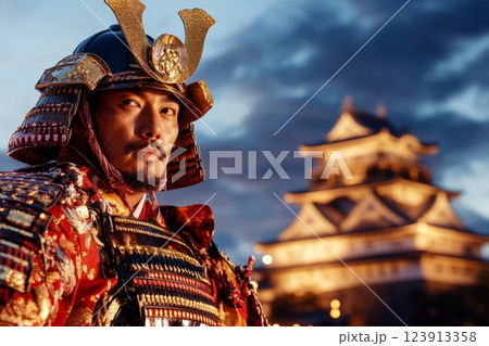 Samurai warrior standing guard at the gates of a japanese castle Samurai warrior standing guard at the gates of a japanese castle 123913358