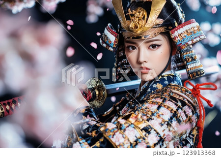 Female samurai warrior wielding katana with falling cherry blossoms 123913368