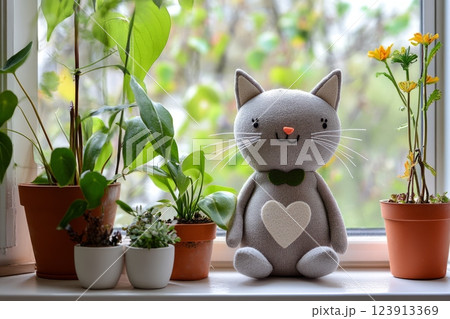 Adorable handmade plush cat toy sitting on windowsill with plants 123913369
