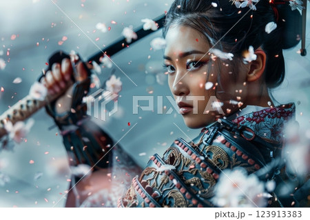 Female samurai warrior wearing ornate armor and holding katana under cherry blossoms 123913383