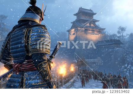 Samurai warrior standing guard at the gates of a japanese castle Samurai warrior standing guard at the gates of a japanese castle 123913402