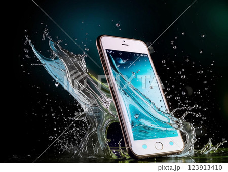 The phone is surrounded by water.The phone is surrounded by dynamic splashes, and the phone screen displays a blue water-themed background. 123913410