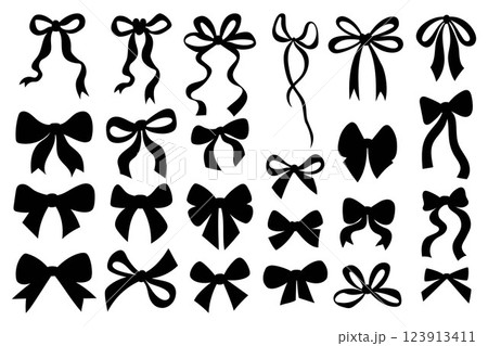 Vintage black ribbon bow silhouette collection. Romantic coquette girly vibe. Vector illustration. Isolated Trendy simple aesthetic decorative holiday elements on white background 123913411