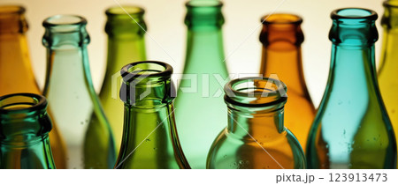 Close-up of empty green, yellow, and blue glass bottles 123913473